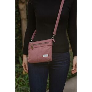 Travelon mulberry cavas Heritage collection crossbody RFID bag.